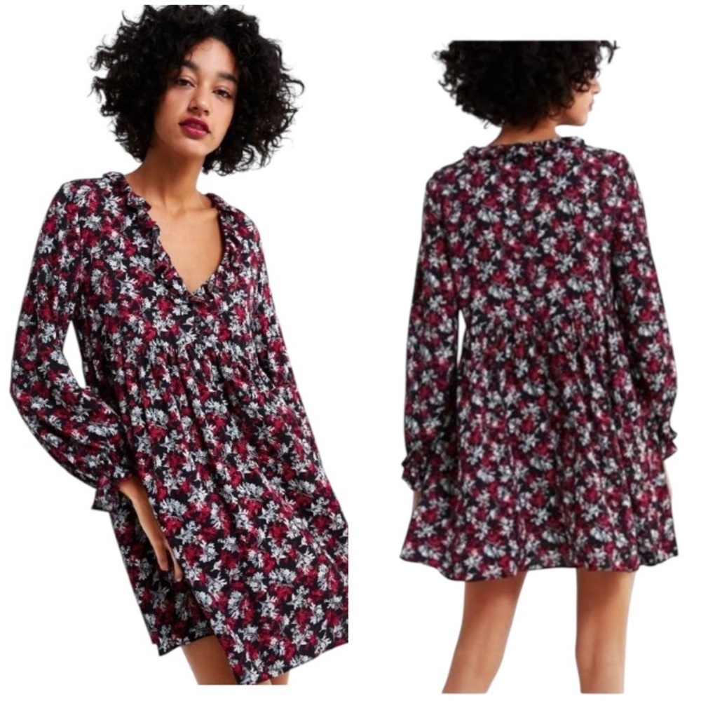 ZARA | Black Babydoll Cottagecore Floral Print Dress Size L